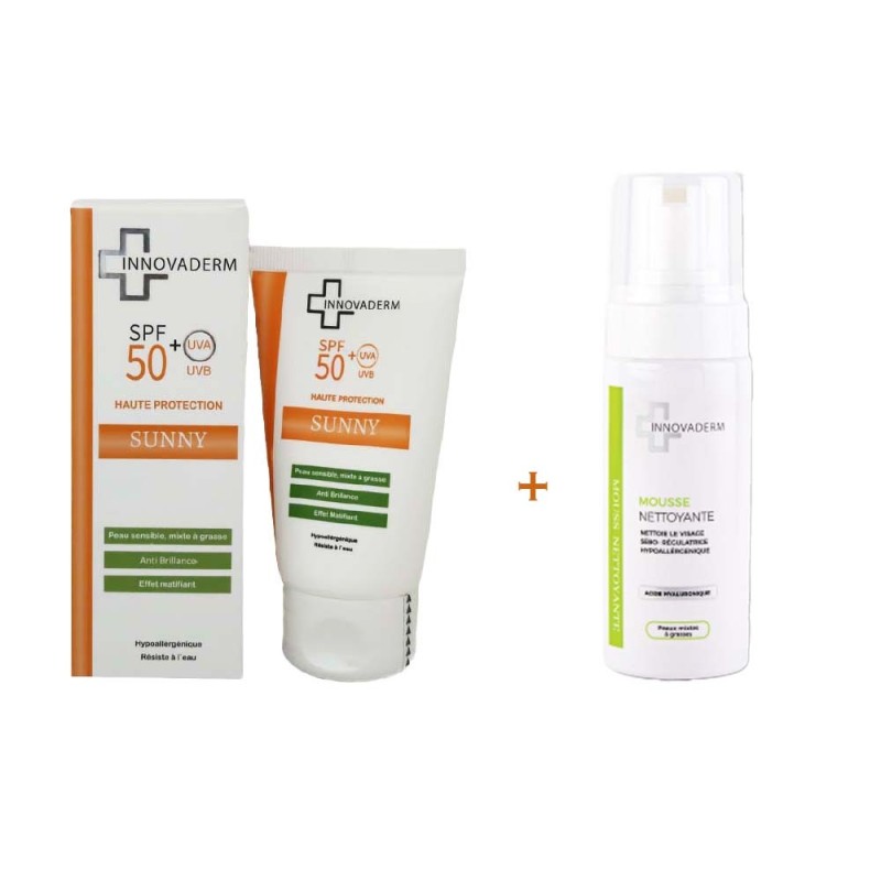 INNOVADERM PACK SUNNY ANTI BRILLANCE 50+ Peau mixte à grasse 50 ML + MOUSSE NET 150 ML