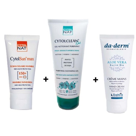 Pack CytolNat - Gel nettoyant CytolClean 175 ml + Ecran cytolsun max invisible + Da-derm mains 100ml