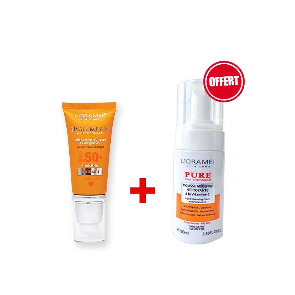 Pack L’Oramel écran solaire matifiant SPF50+ – 40ml + Mousse nettoyante Vitamine C – 100ml offerte