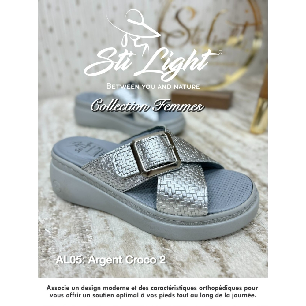 Claquette orthopédique - femme - argent croco2 al05