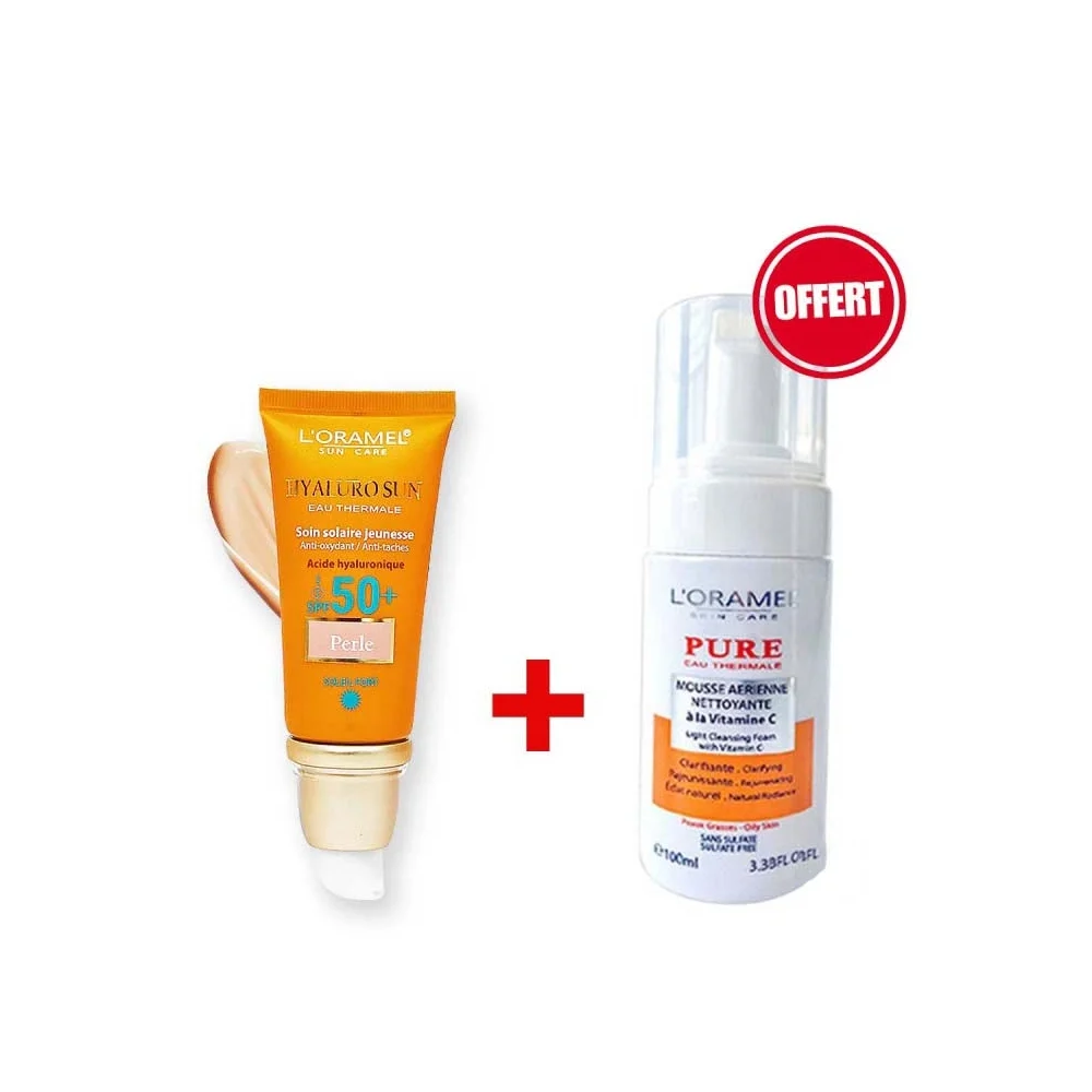 Pack L'Oramel écran solaire SPF50+ teinté Perle - 40ml + Mousse nettoyante Vitamine C - 100ml offerte Pack L'Oramel écran solaire SPF50+ teinté Perle - 40ml + Mousse nettoyante Vitamine C - 100ml offerte