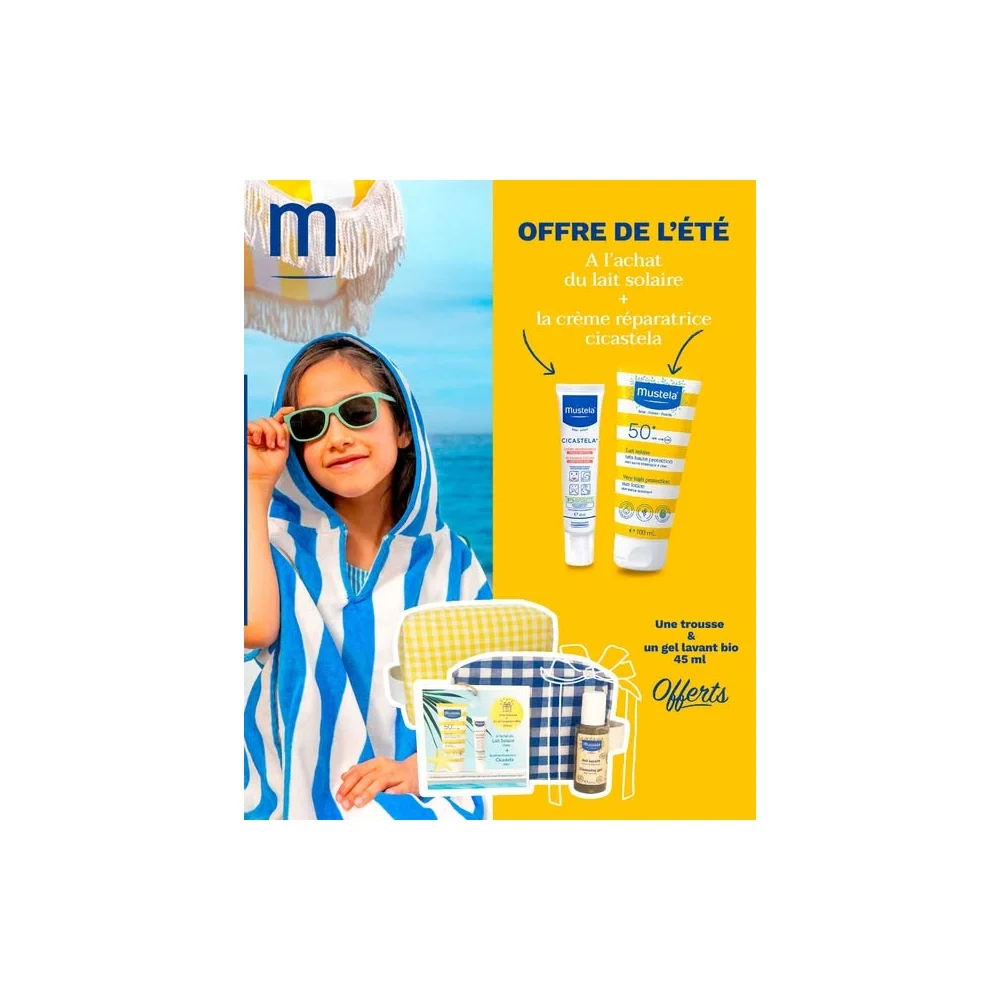 MUSTELA TROUSSE VICHY JAUNE BLEU ESSENTIEL ETE LAIT SOLAIRE 100 ML+ CICASTELA 40 ML + GEL LAVANT BIO 45 ML GRATUIT