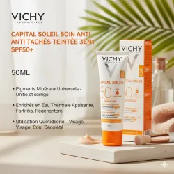 VICHY CAPITAL SOLEIL SOIN ANTI TACHES TEINTEE 3EN1 SPF50+, 50ML