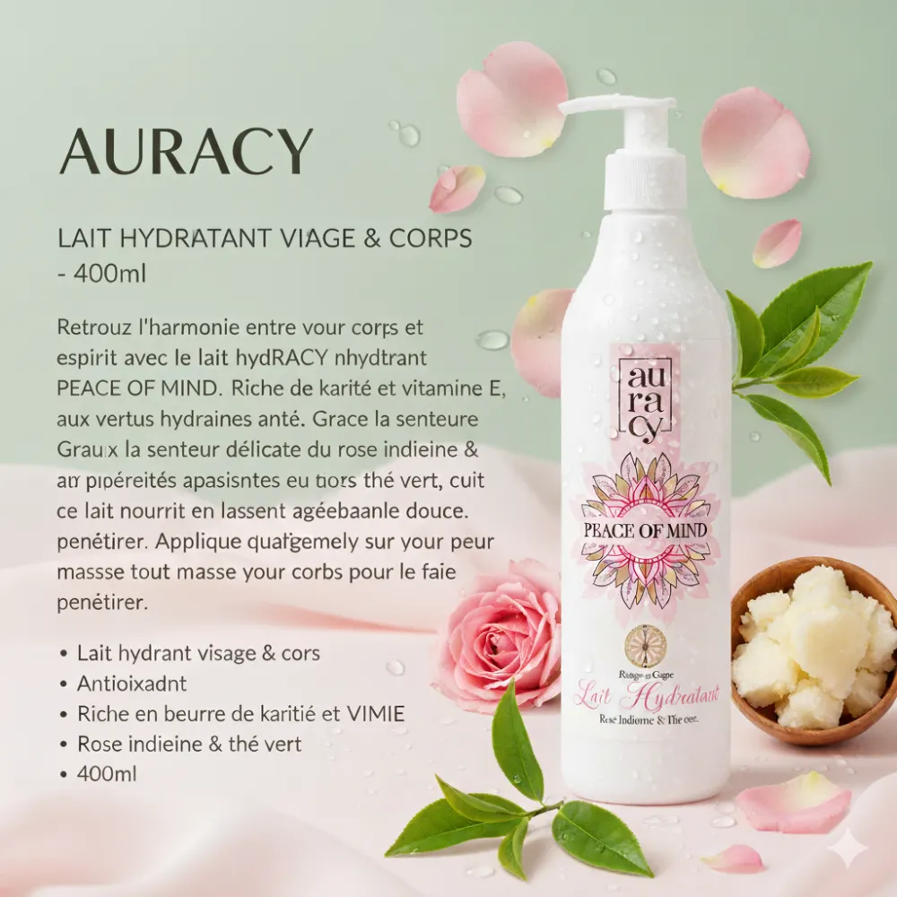 AURACY lait hydratant visage & corps rose indienne & thé vert -400ml AURACY lait hydratant visage & corps rose indienne & thé vert -400ml