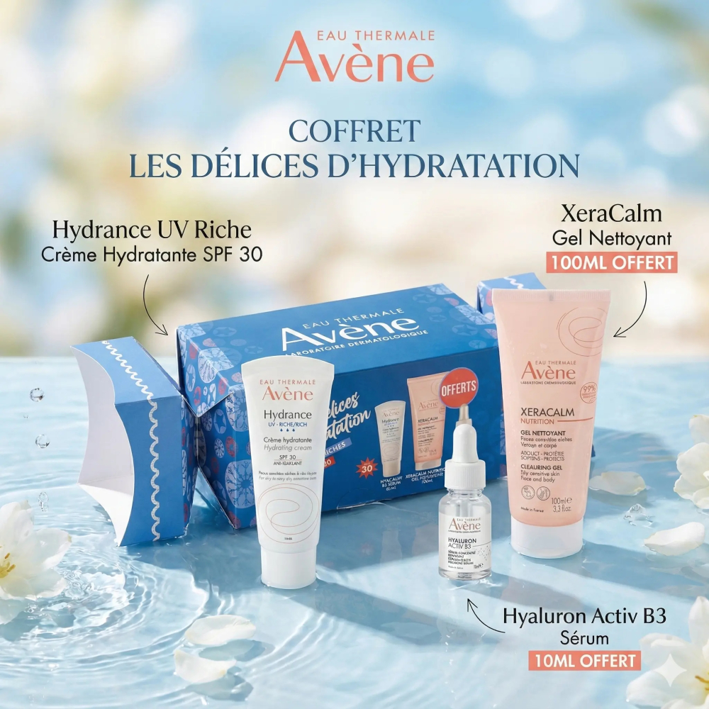 AVENE COFFRET LES DELICES D'HYDRATATION Hydrance UV Riche+XeraCalm Gel 100ml+Hyaluron Activ B3 10ml Offerts