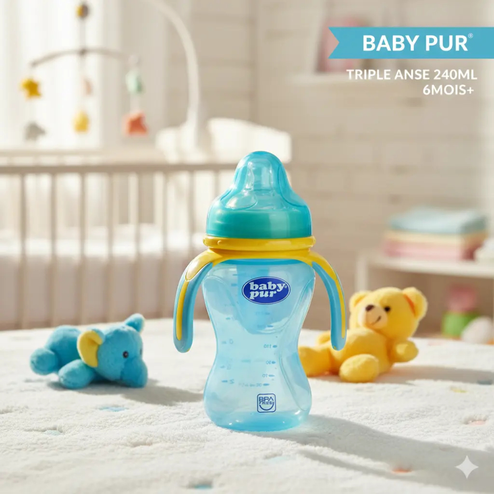 BABY PUR BIBERON TRIPLE ANSE 240ML 6MOIS+ bleu