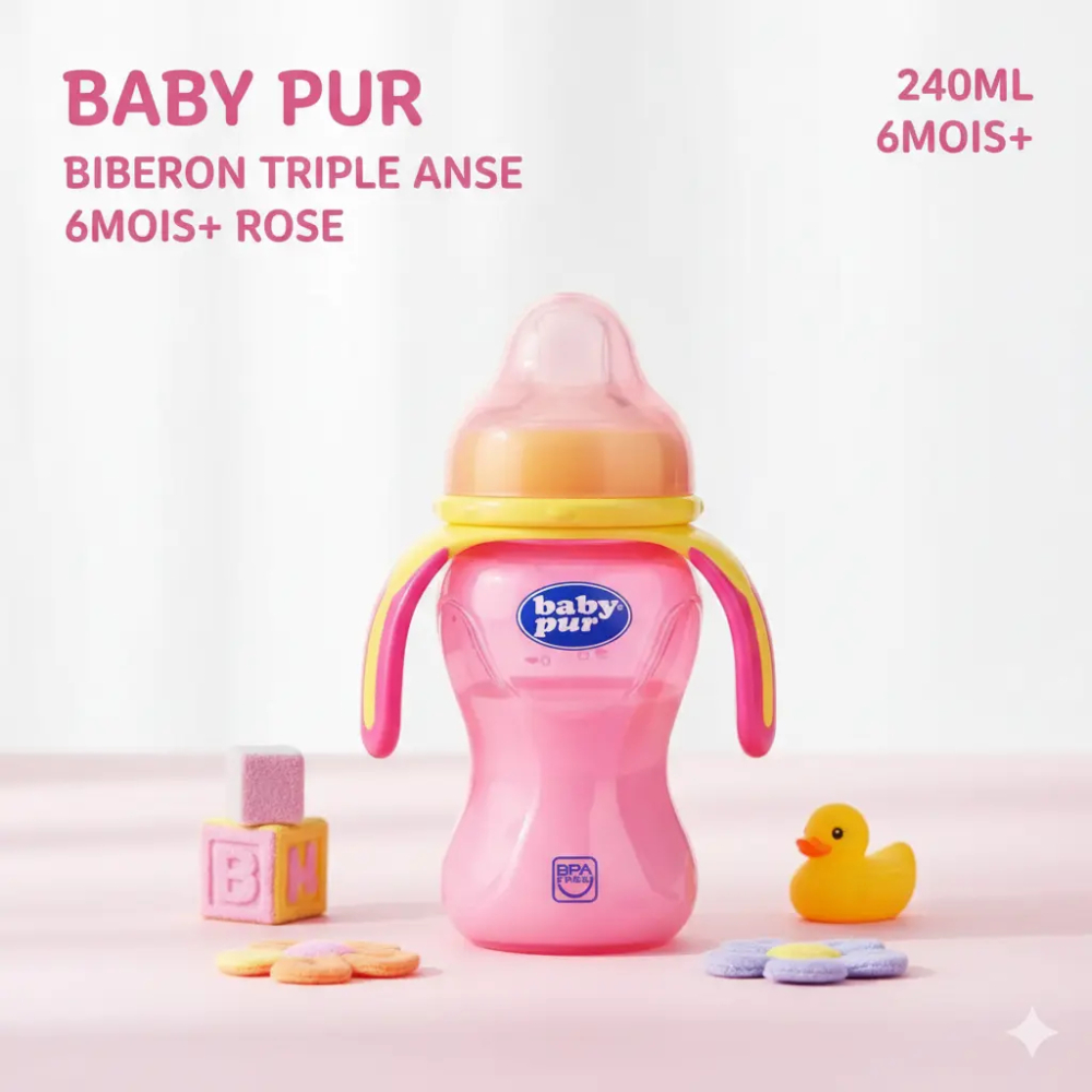 BABY PUR BIBERON TRIPLE ANSE 240ML 6MOIS+ ROSE