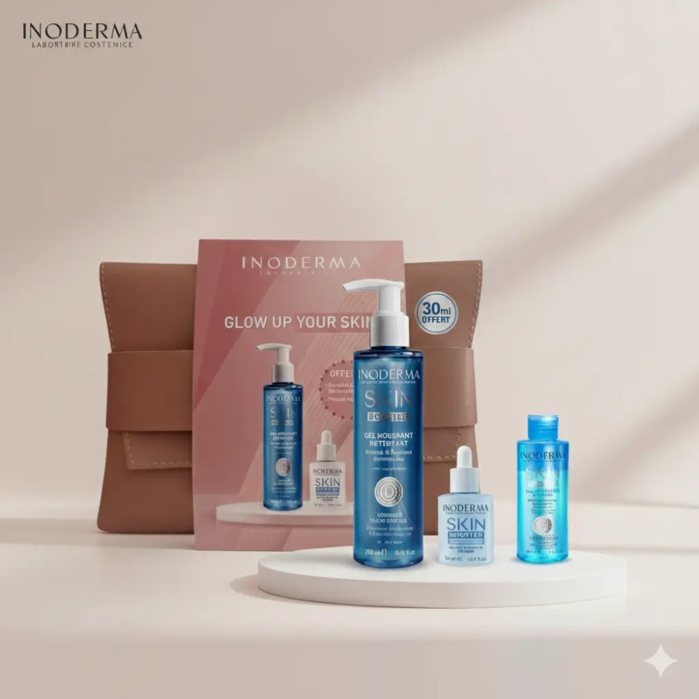 INODERMA TROUSSE GLOW UP YOUR SKIN GEL NETTOYANT + SERUM BOOSTER + EAU MICELLAIRE BIPHASÉ 30ML OFFERTE ET TROUSSE OFFERTE