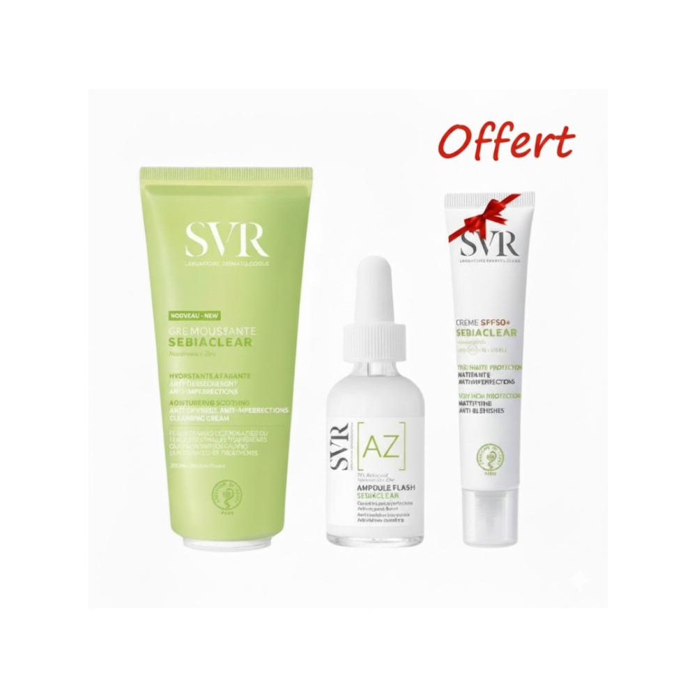 SVR PACK SEBIACLEAR Ampoule Flash + GEL MOUSSANT 200ML + SEBIACLEAR SPF50+ OFFERTE